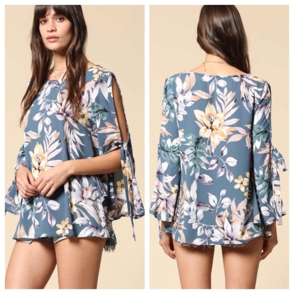 BLUE Floral 🌸 Cold Shoulder Tie Sleeve Top